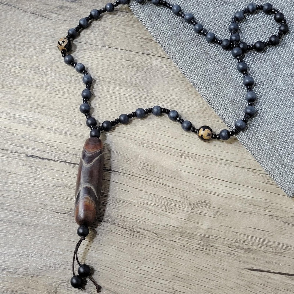 Boho necklace‎ long stone focal bead pendant vintage minimalist petrified wood